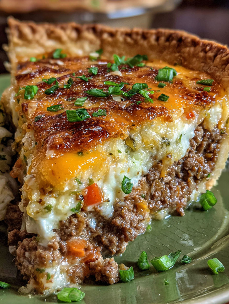 A slice of a one-pan cheeseburger pie.