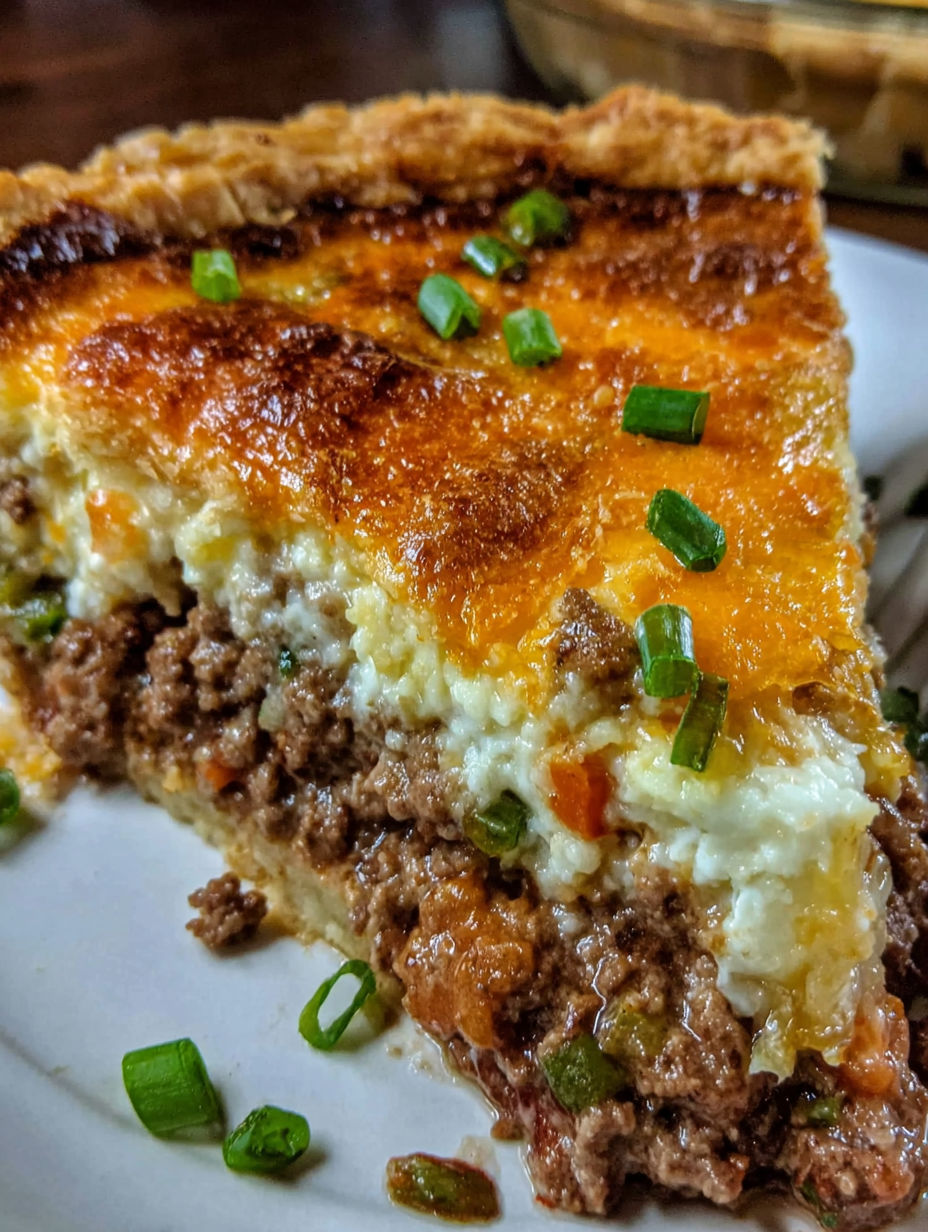 A slice of cheeseburger pie on a plate.