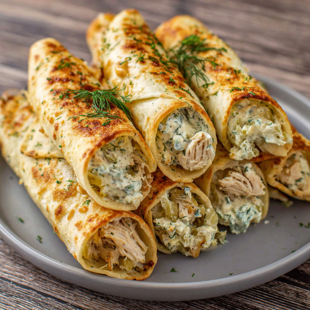 A plate of dill pickle ranch chicken taquitos.
