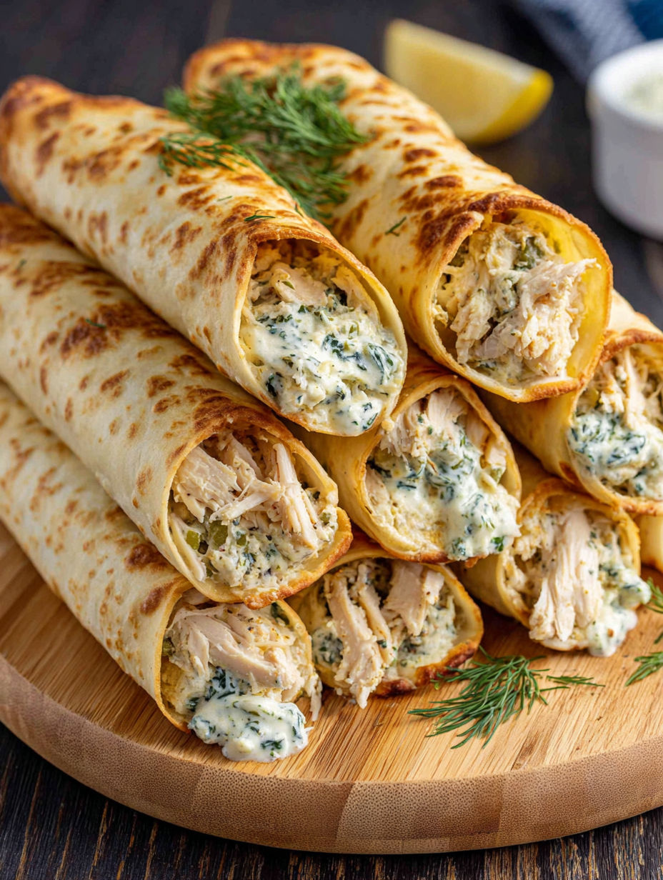 A stack of chicken and cheese wraps.
