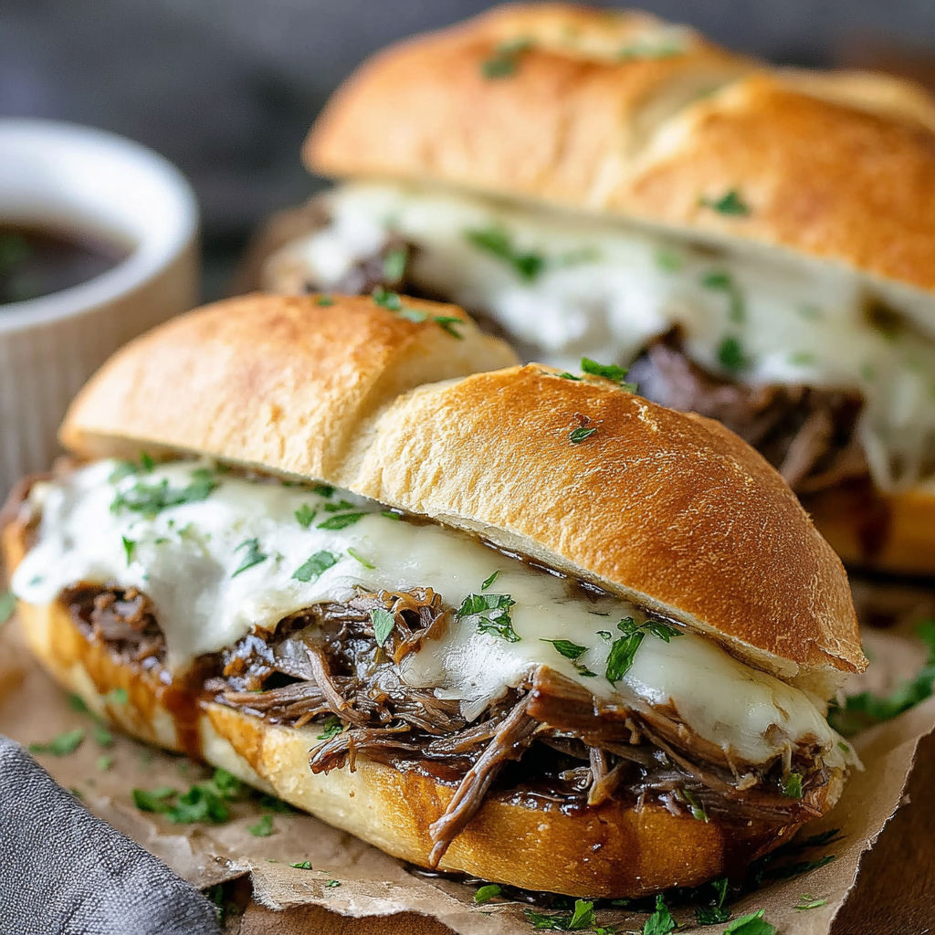 Two French dip sandwiches with cheese and meat on a plate.