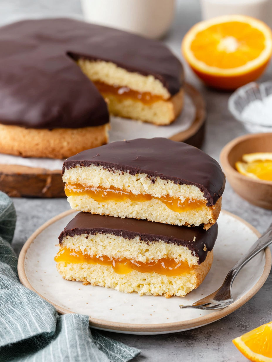 A slice of cake with chocolate frosting and orange slices on top.