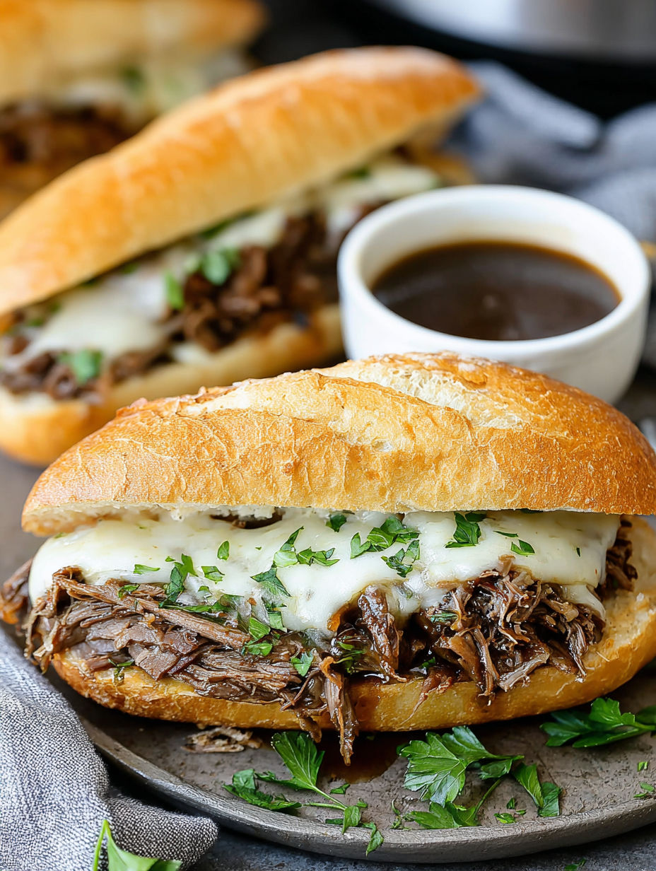 A sandwich with meat and cheese on a bun.