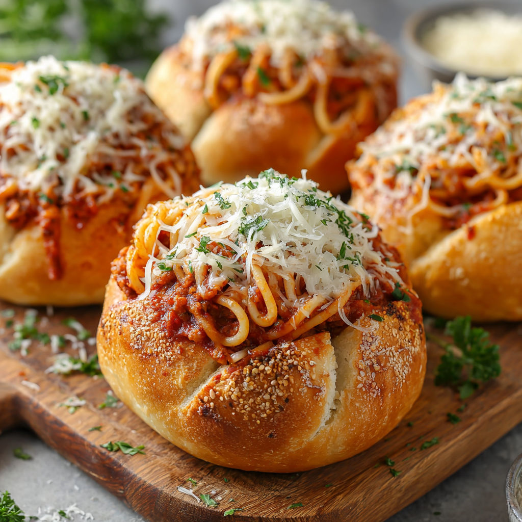 A plate of garlic bread bowls filled with spaghetti and cheese.