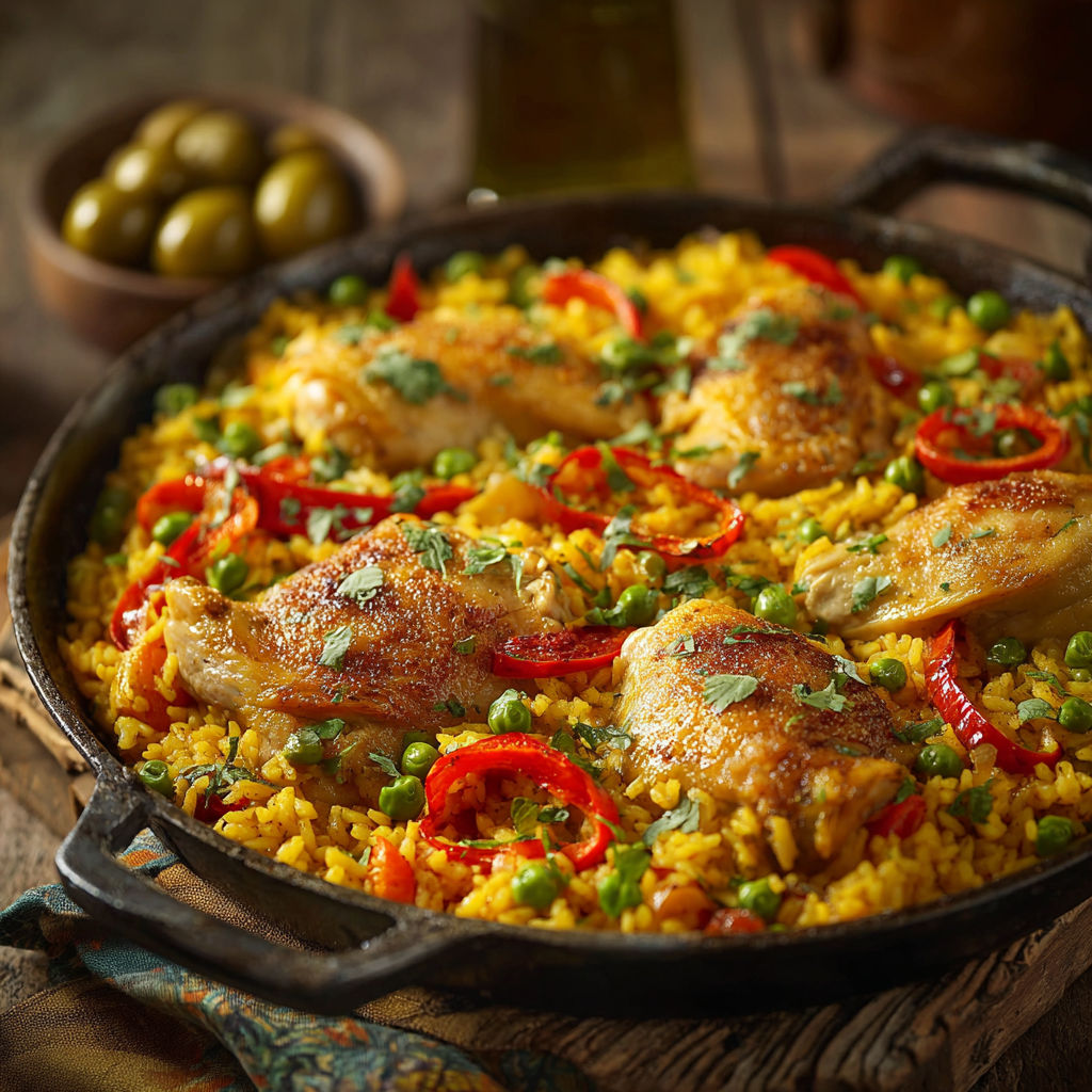 A pan of rice with chicken and peppers.
