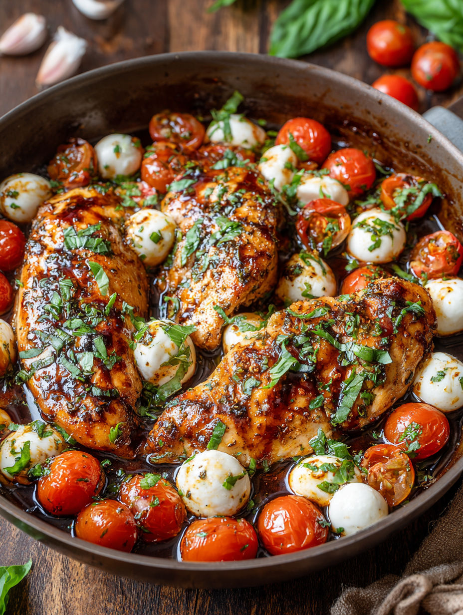 A pan of food with tomatoes, cheese, and chicken.