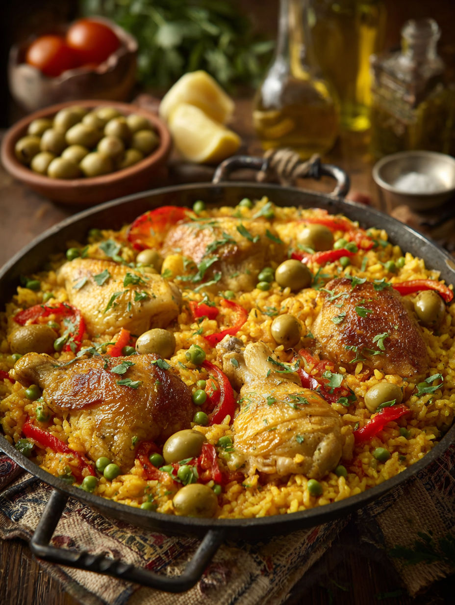 A pan of chicken and peppers with a bowl of olives and a bottle of oil.