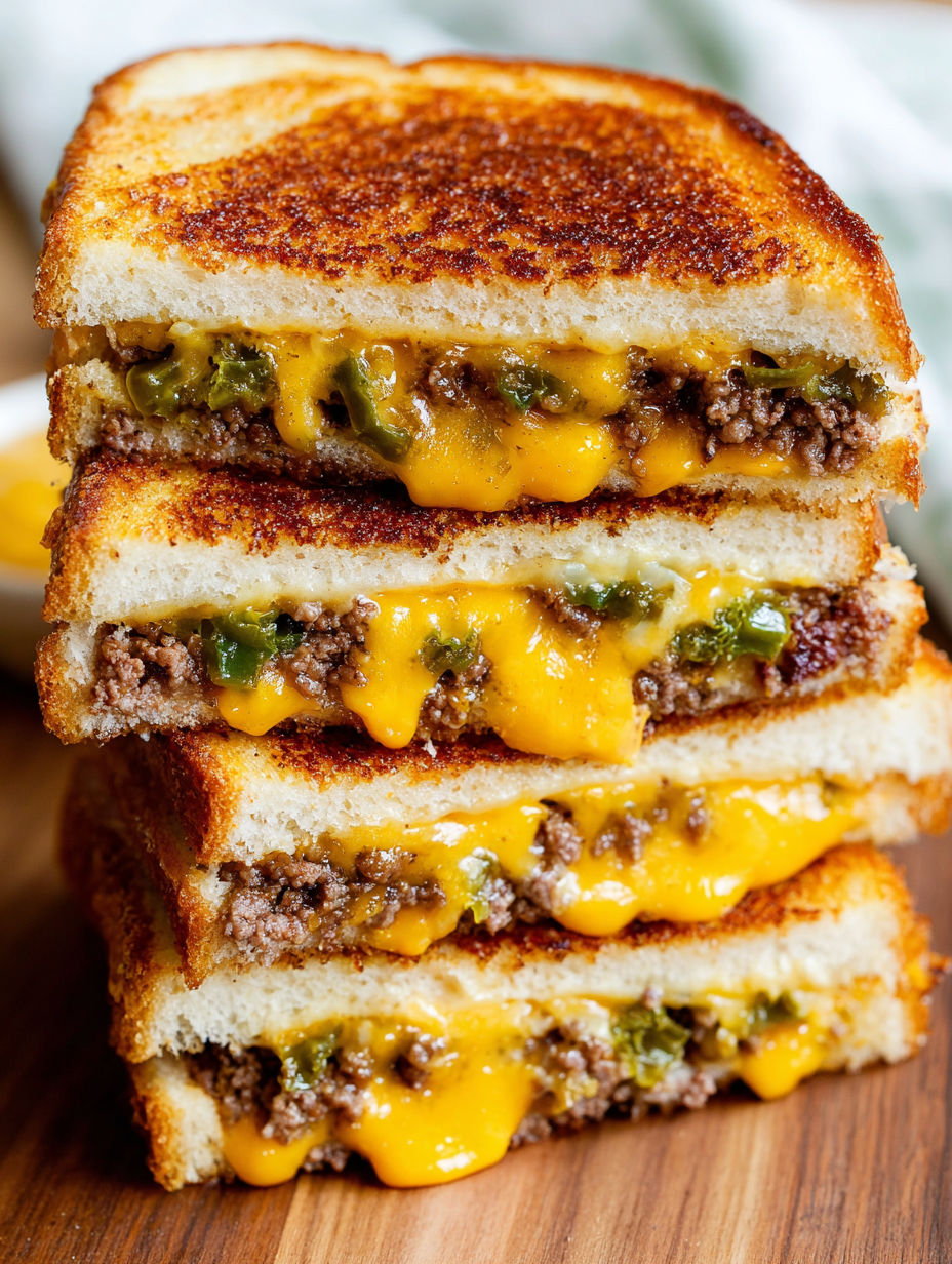 A stack of grilled cheese sandwiches with peppers.