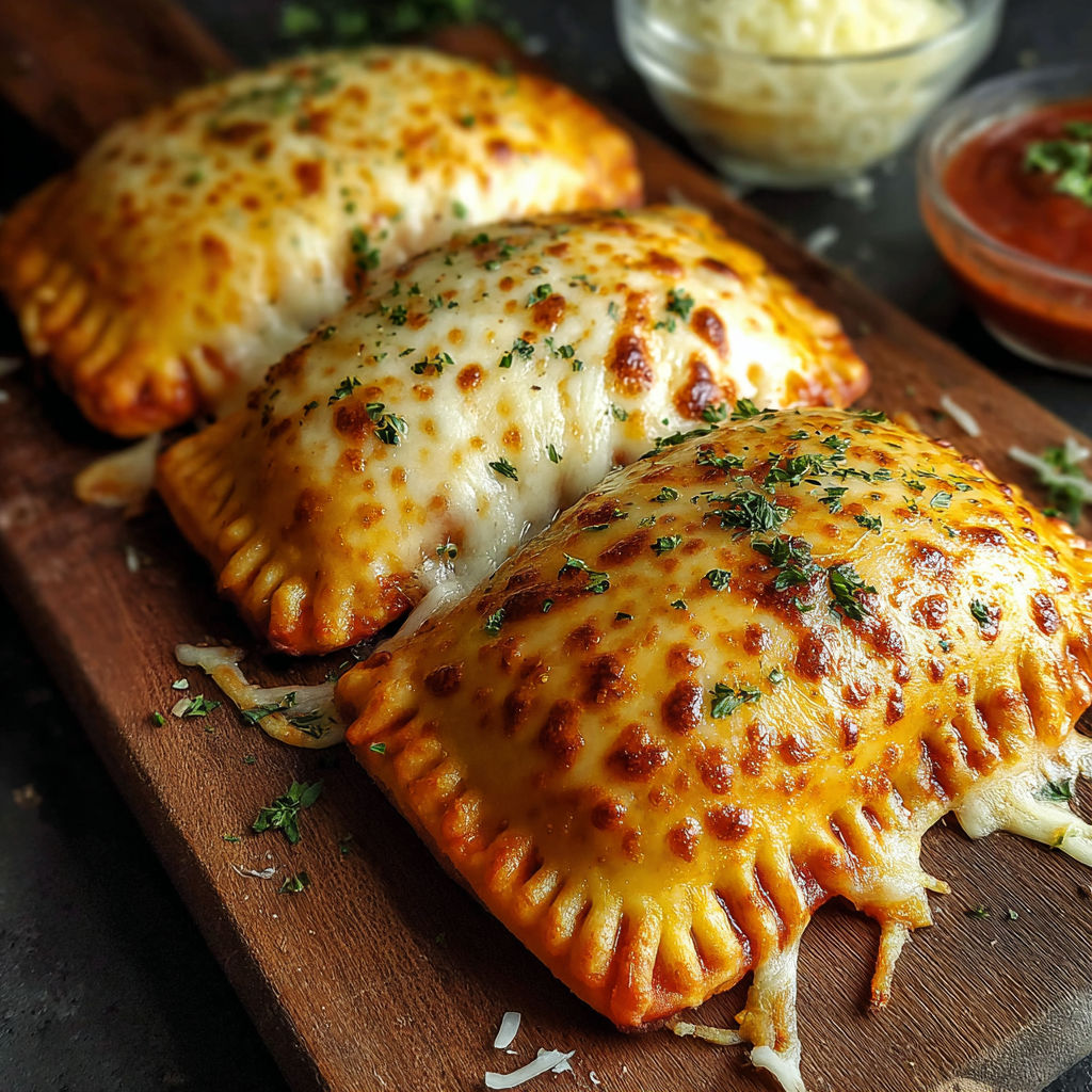 Three cheese filled pizza pockets on a wooden board.