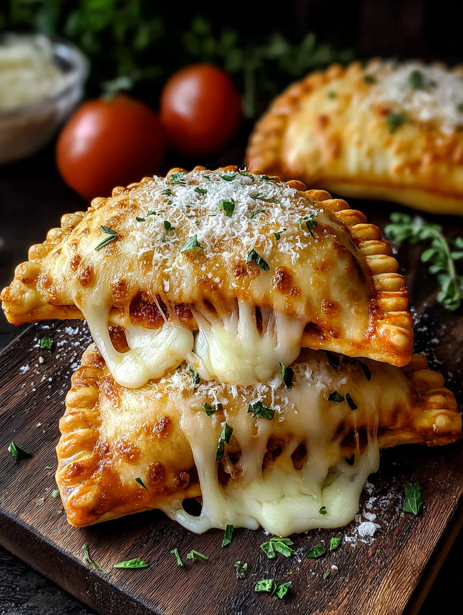 A close up of a cheese filled calzone.