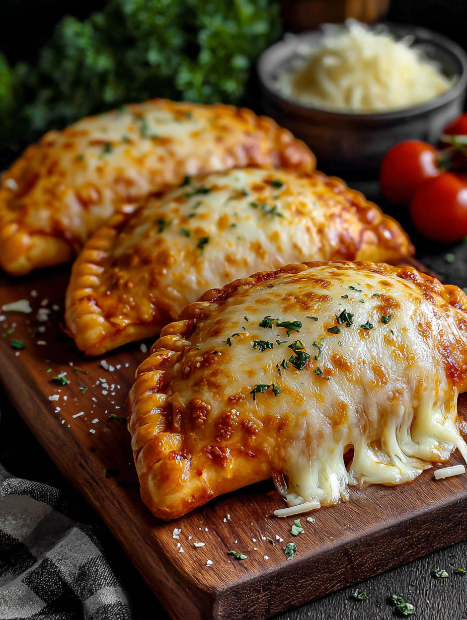 Three cheese and tomato stuffed pizzas on a wooden board.