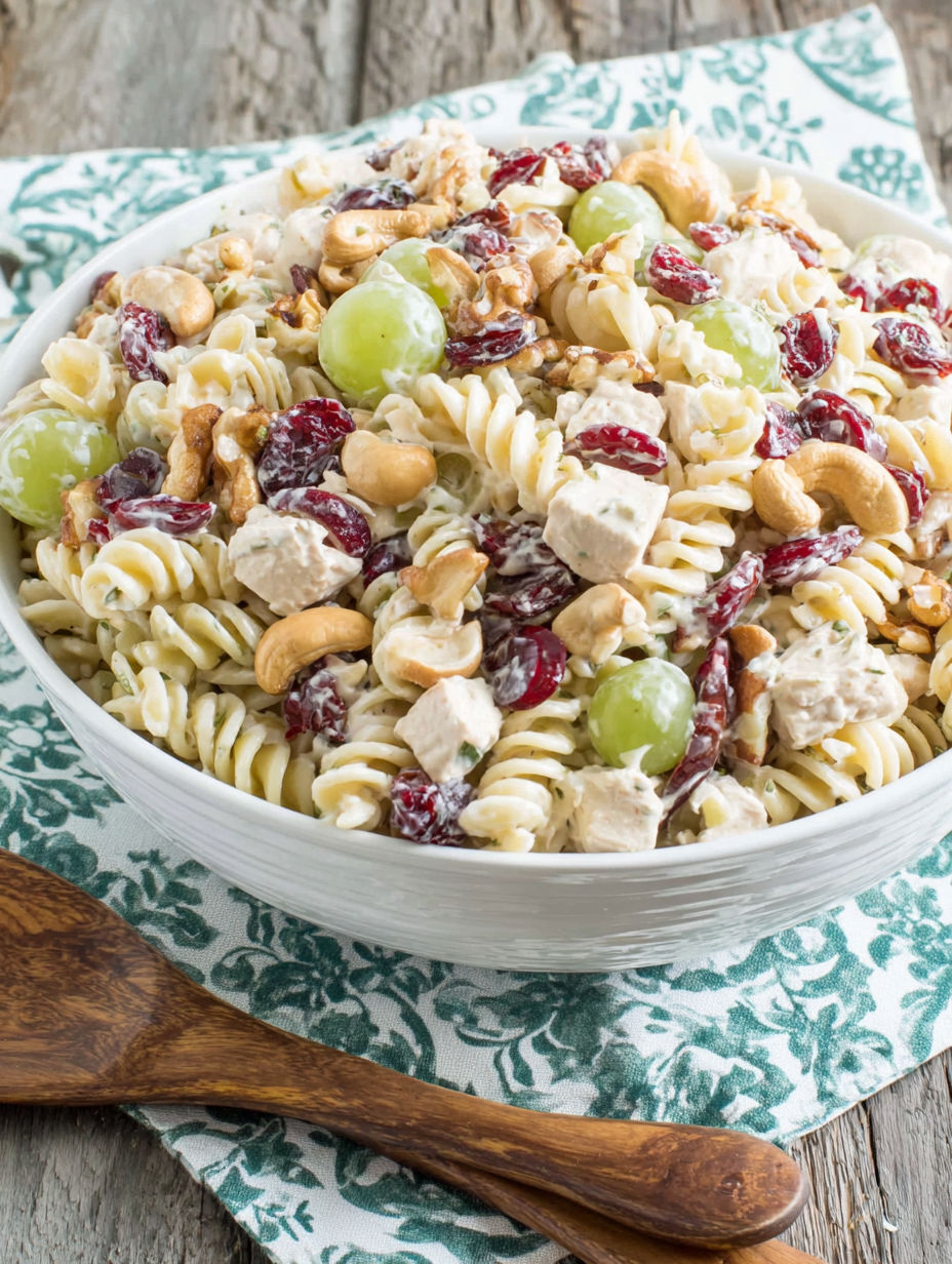 A bowl of pasta with grapes and nuts.