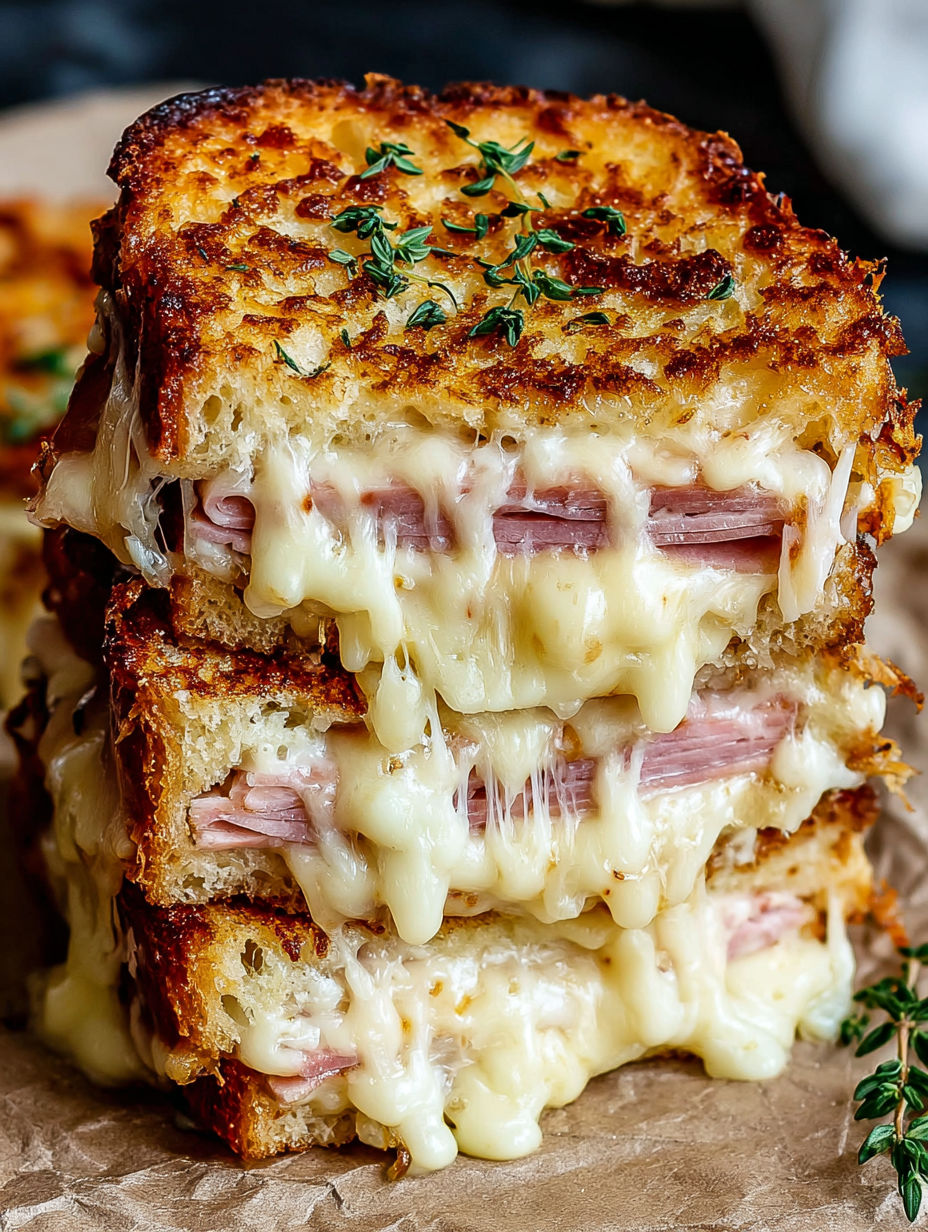 A stack of croque monsieurs with cheese and ham.