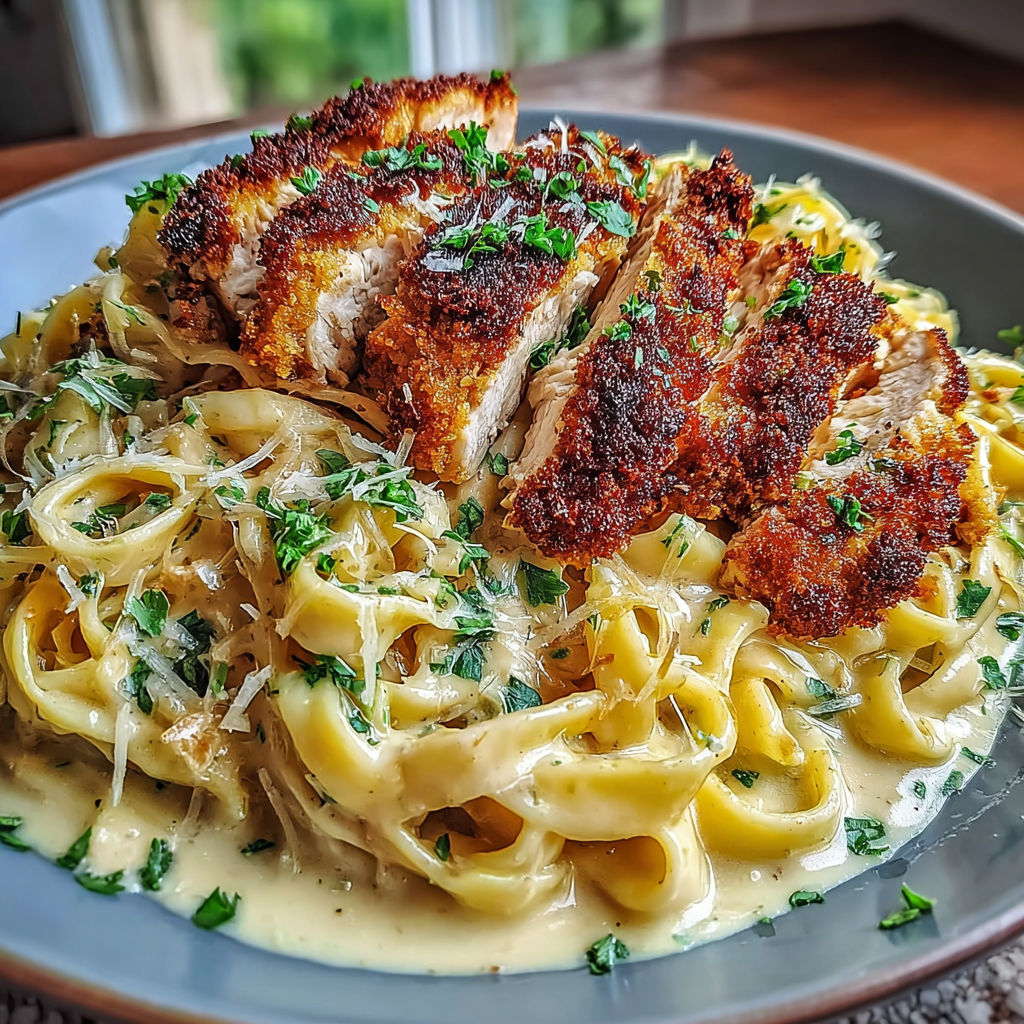 A plate of Crispy Chicken Alfredo with Creamy Garlic Parmesan Pasta.