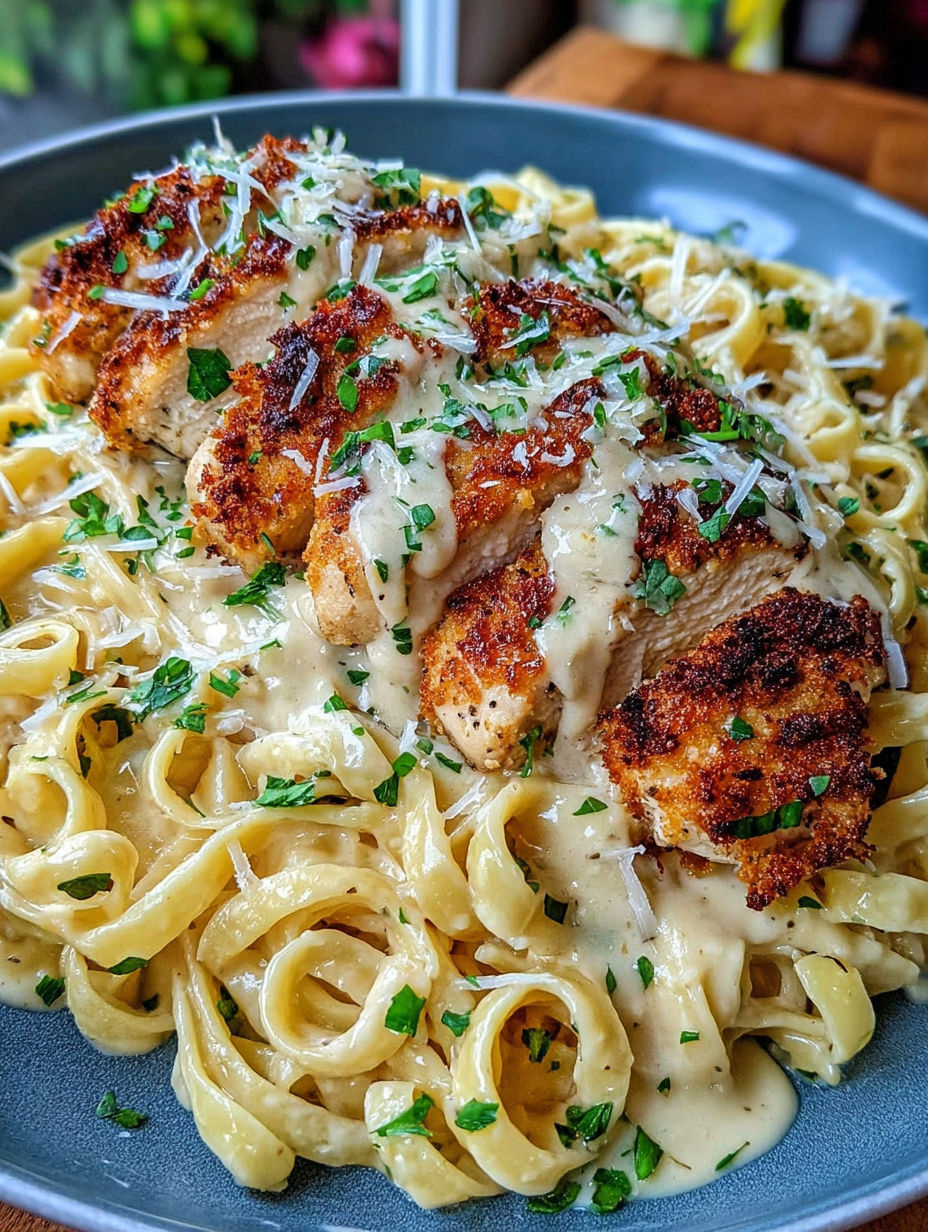 A plate of Crispy Chicken Alfredo with Creamy Garlic Parmesan Pasta.