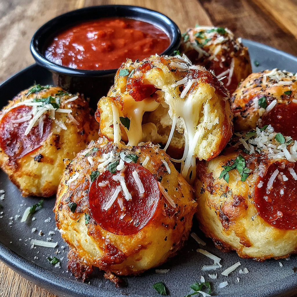 A plate of cheesy pepperoni pizza bombs.