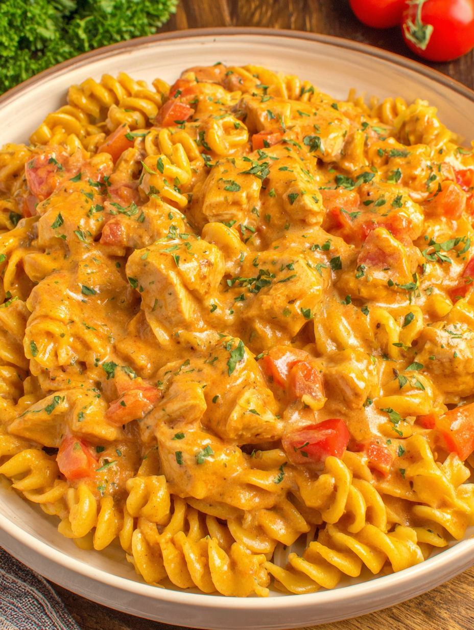 A bowl of pasta with meat and tomatoes.