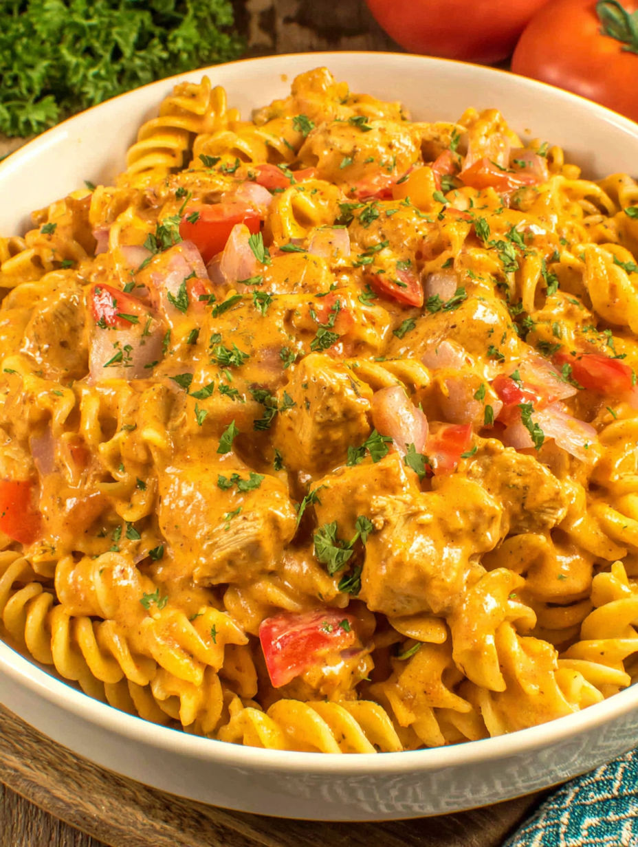 A bowl of pasta with meat and tomatoes.