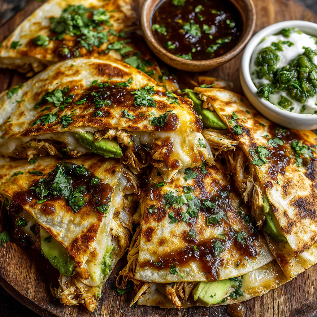Chicken, Pepper & Avocado Quesadillas with Fresh Cilantro Salsa.