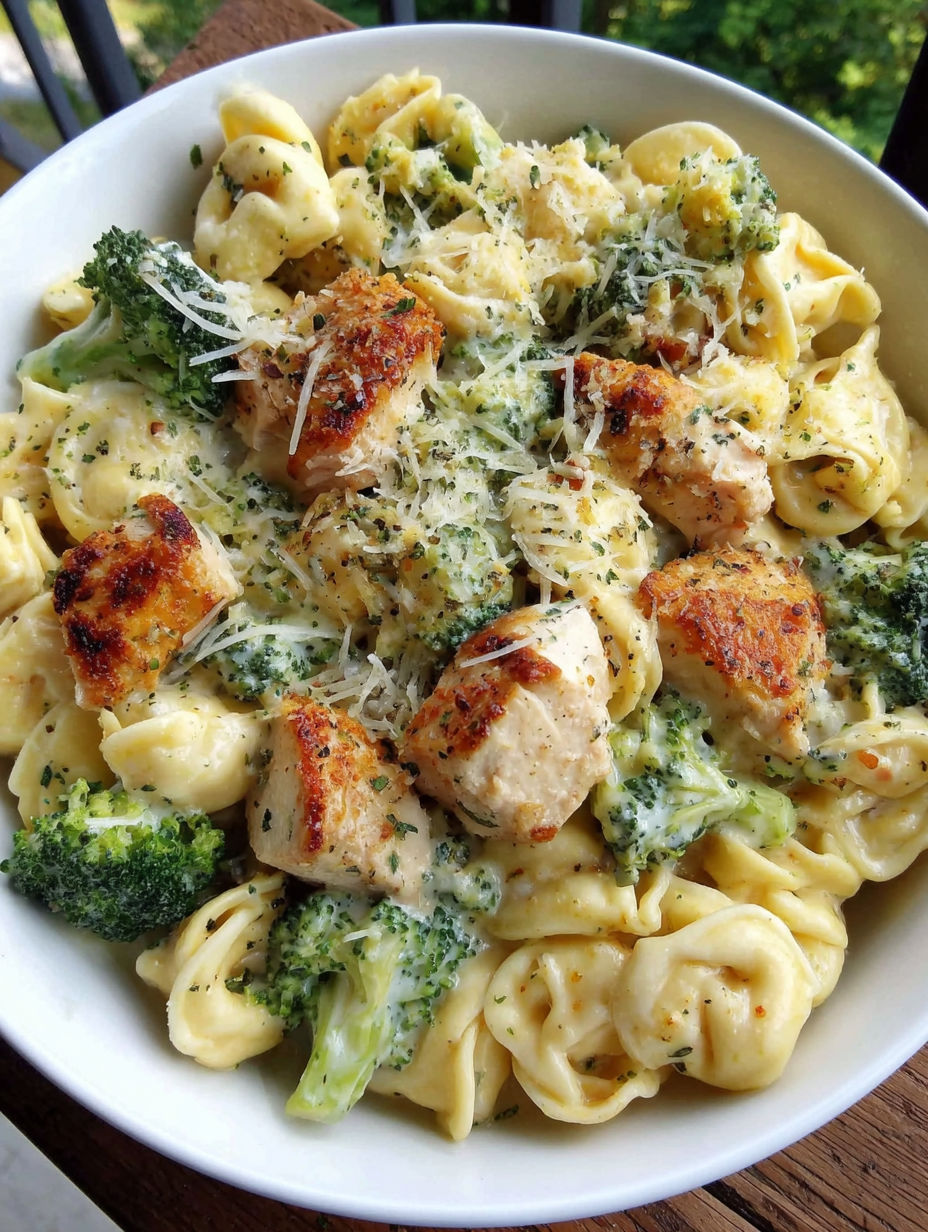 A bowl of chicken Alfredo tortellini.