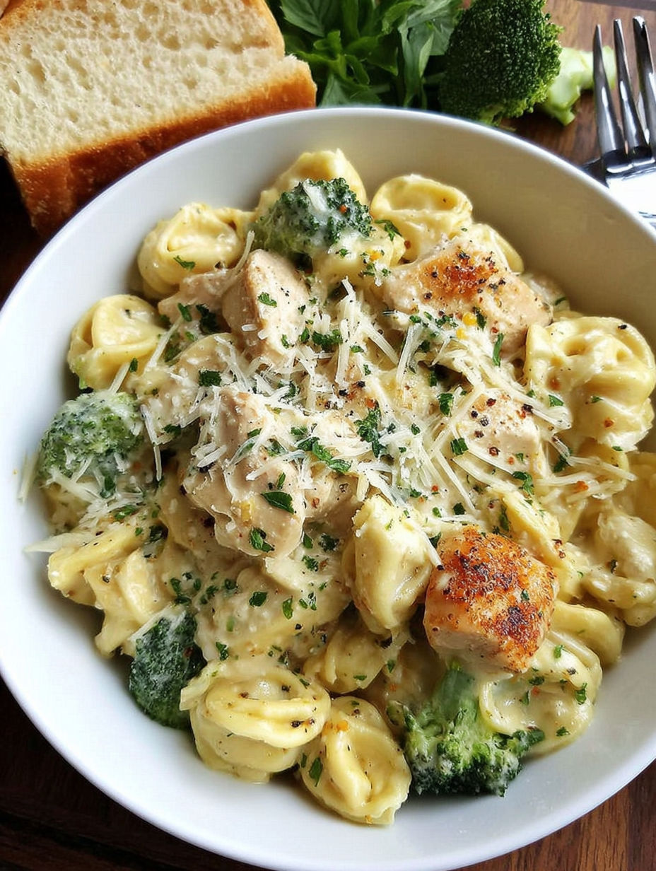 A bowl of chicken alfredo tortellini.