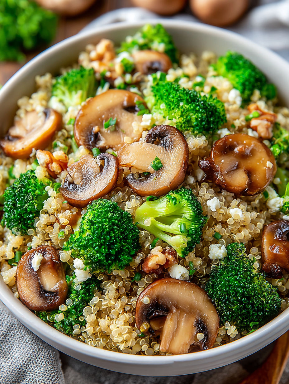 A bowl of creamy quinoa with broccoli and mushrooms.