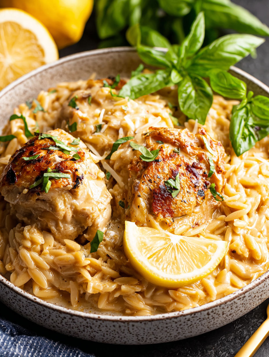 A bowl of chicken and pasta with a lemon wedge on top.