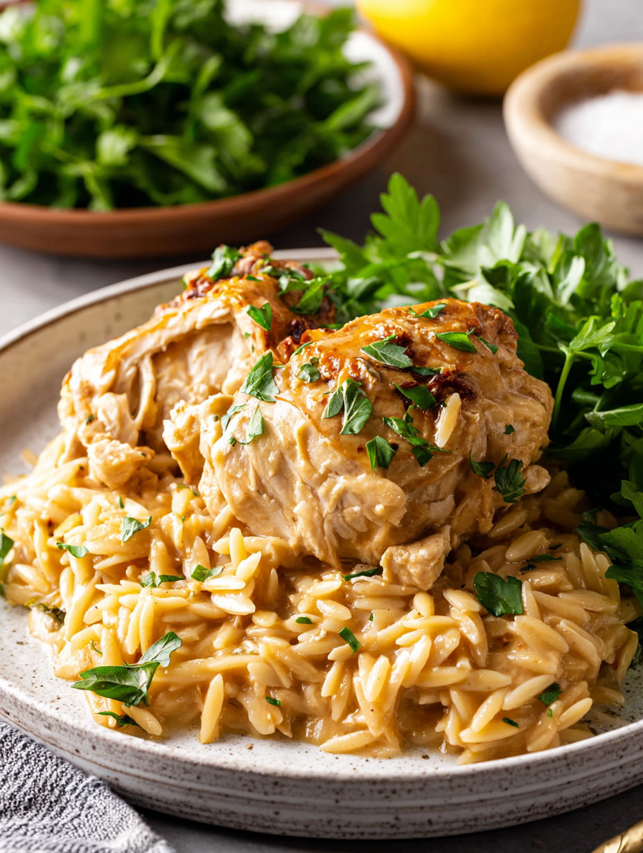 A plate of chicken with herbs and rice.