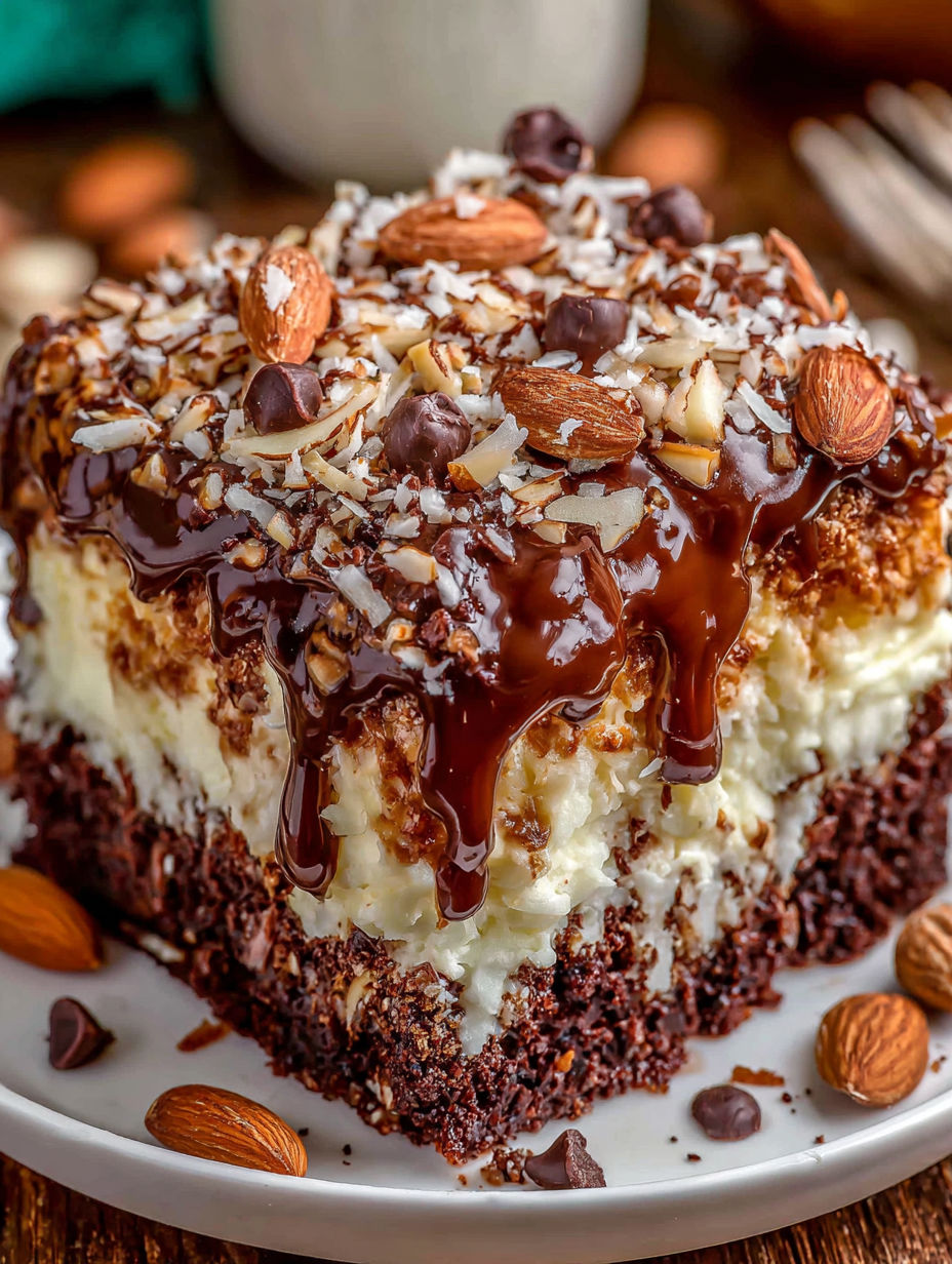 A close up of a chocolate cake with nuts and chocolate drizzled on top.