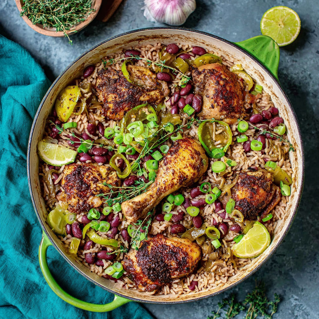 A dish of jerk chicken rice and peas.