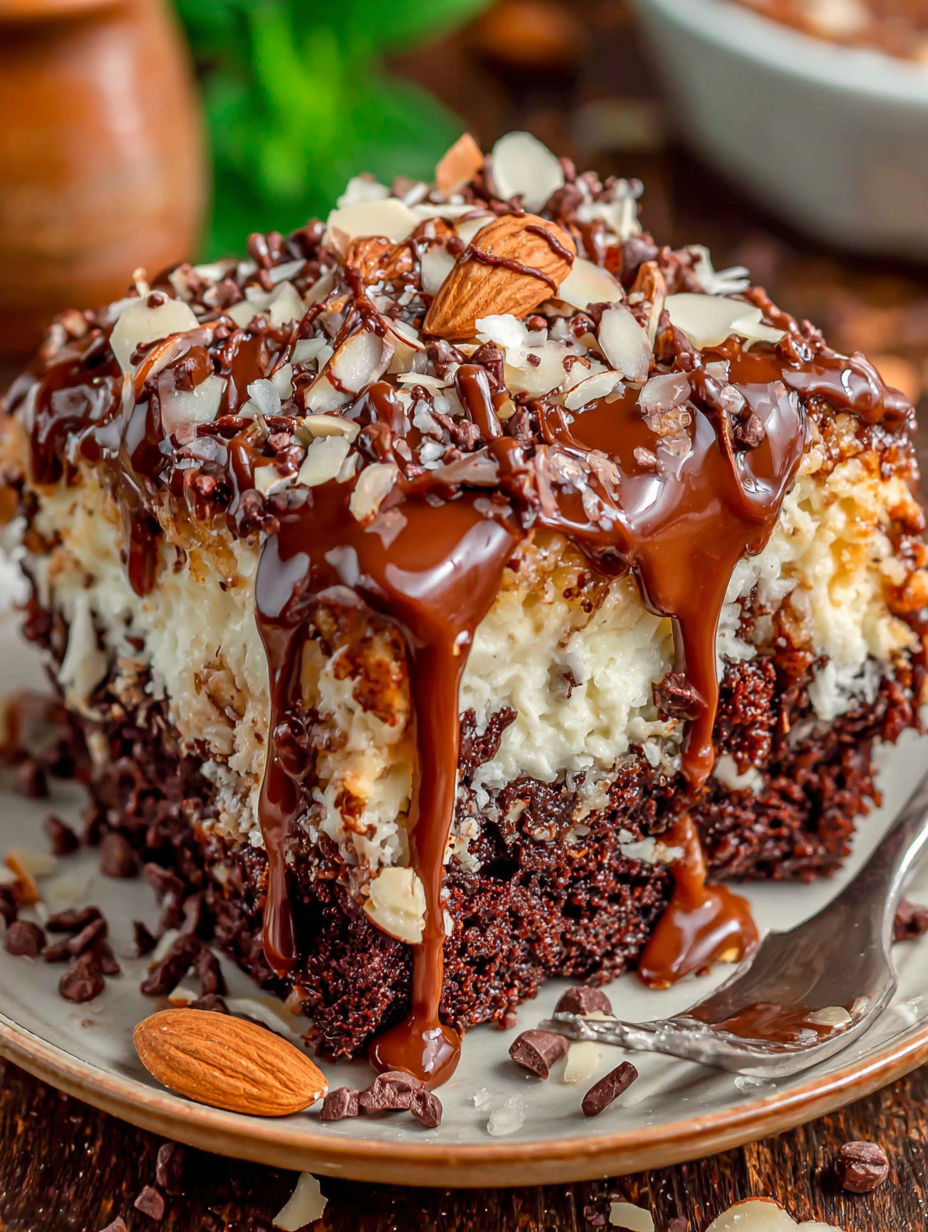 A chocolate cake with white frosting and almonds.