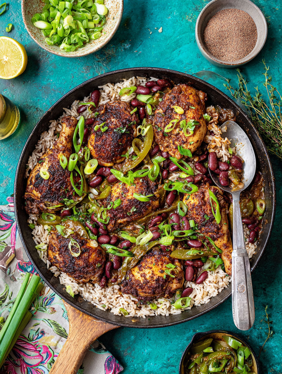 A pan of food with rice, beans, and chicken.