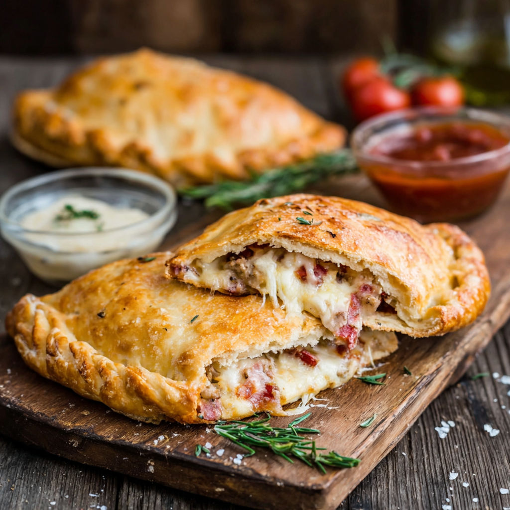 Two calzones with meat and cheese on a wooden table.