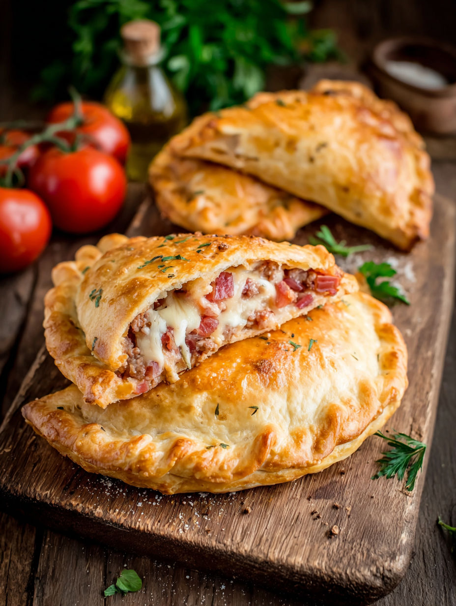 Two calzones with meat and cheese on a wooden table.