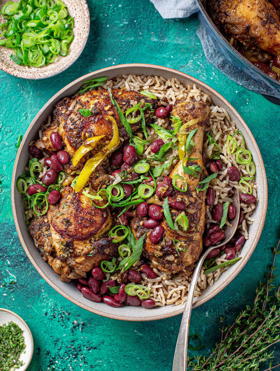A bowl of rice with chicken and vegetables.