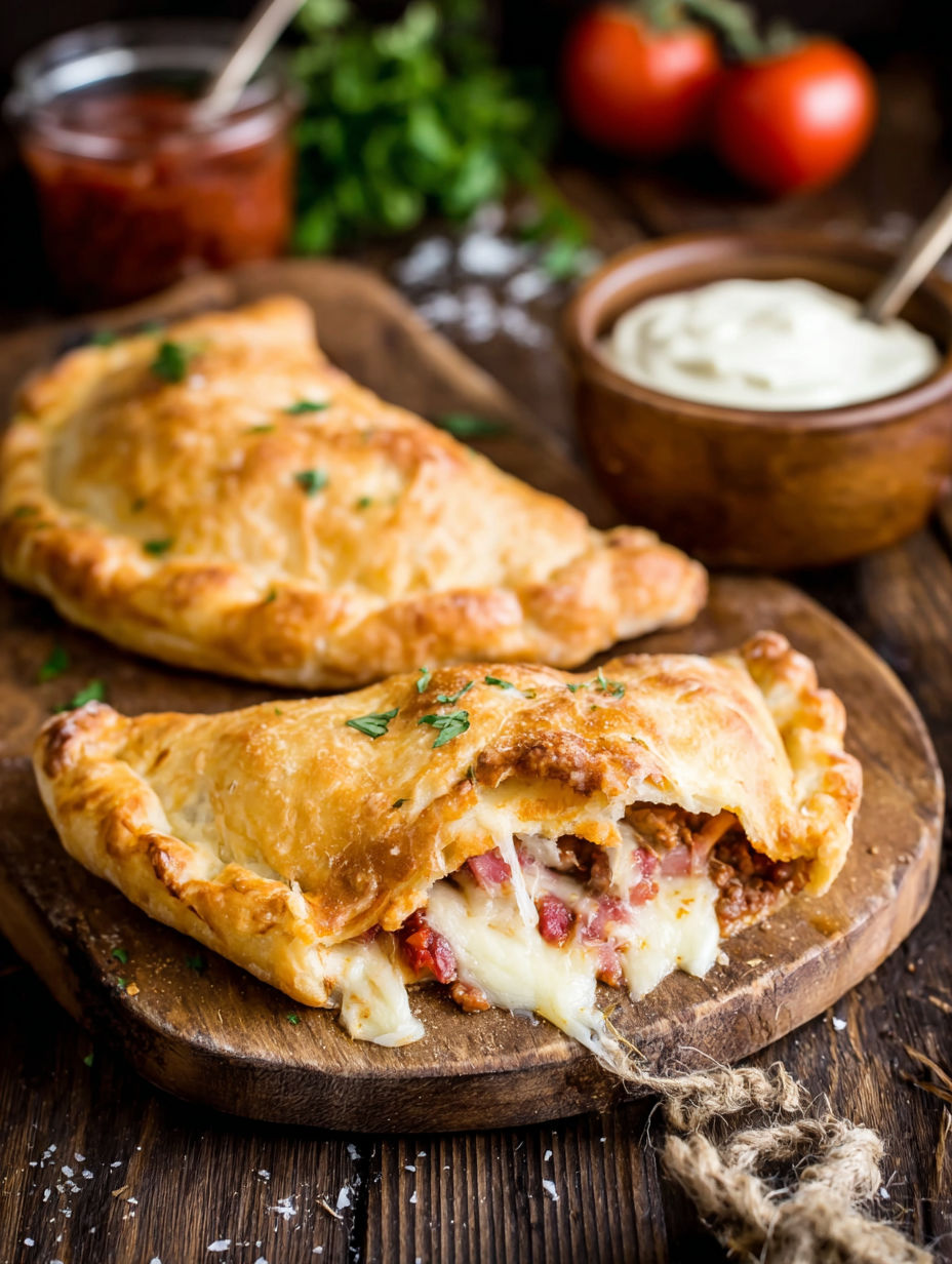 Two calzones with meat and cheese on a wooden cutting board.