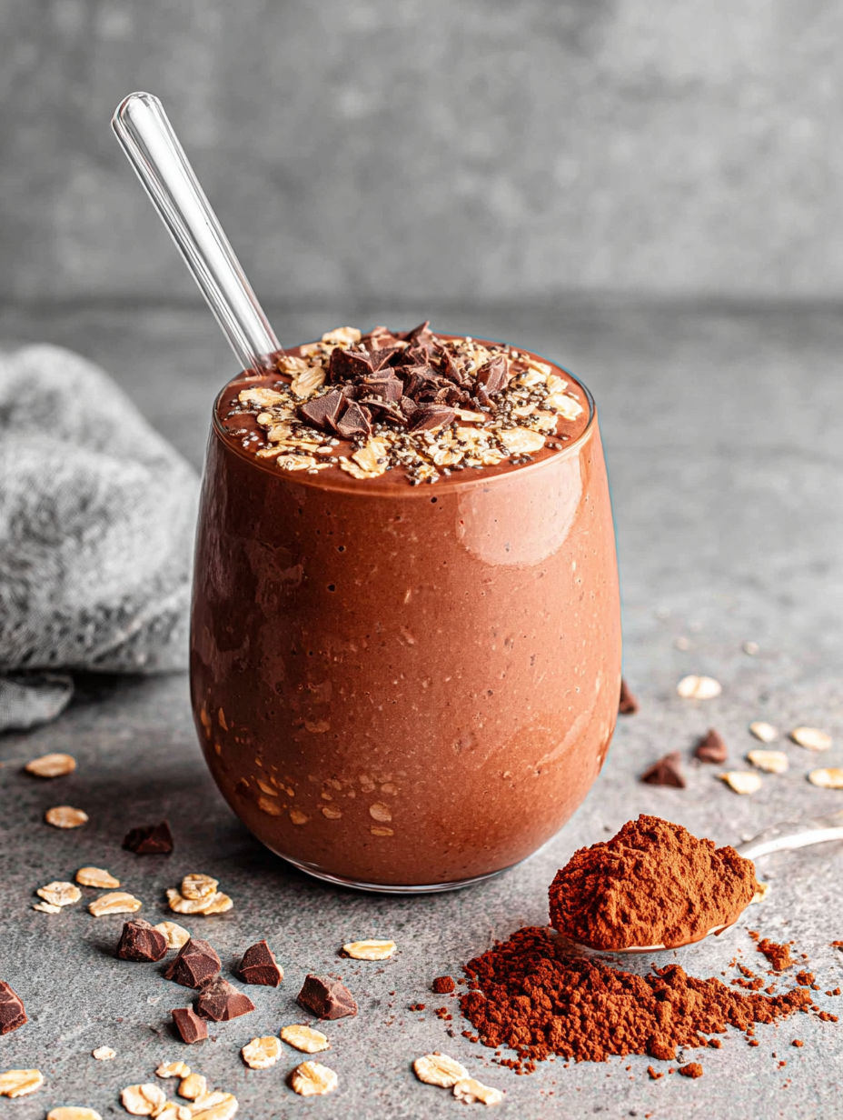 A glass of chocolate milk with chocolate chips on top.