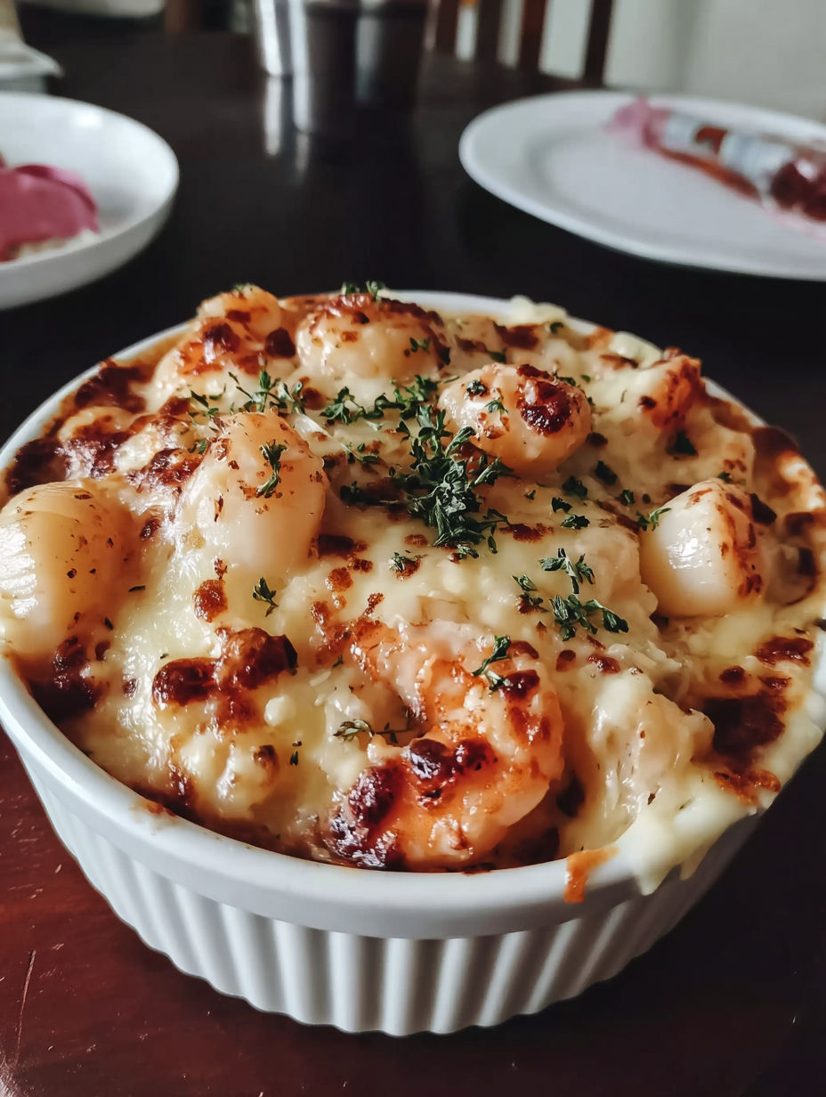 A white bowl filled with a delicious seafood gratin.