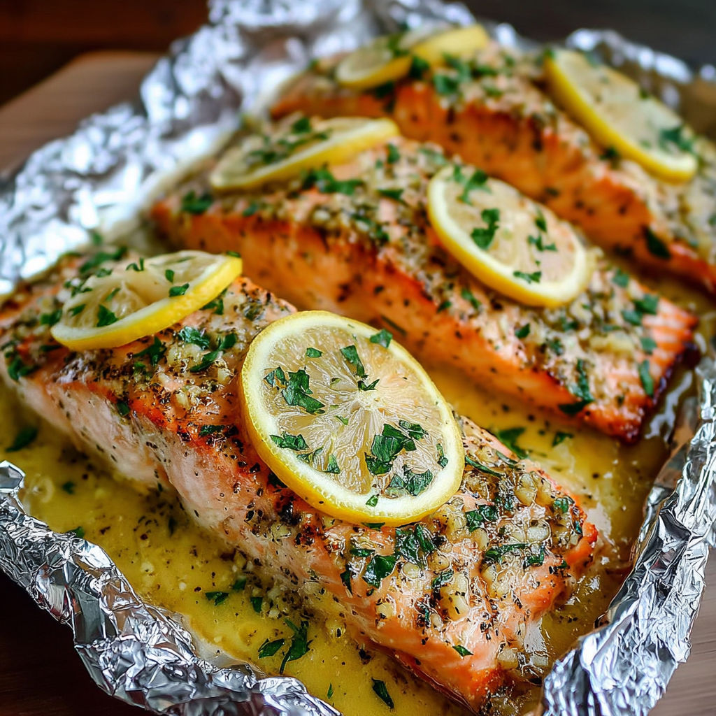 Baked salmon in foil with lemon and herbs.
