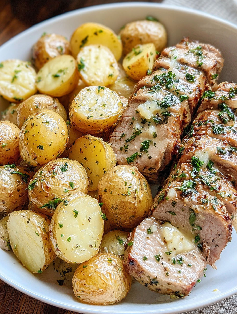 A plate of roasted potatoes with meat on top.