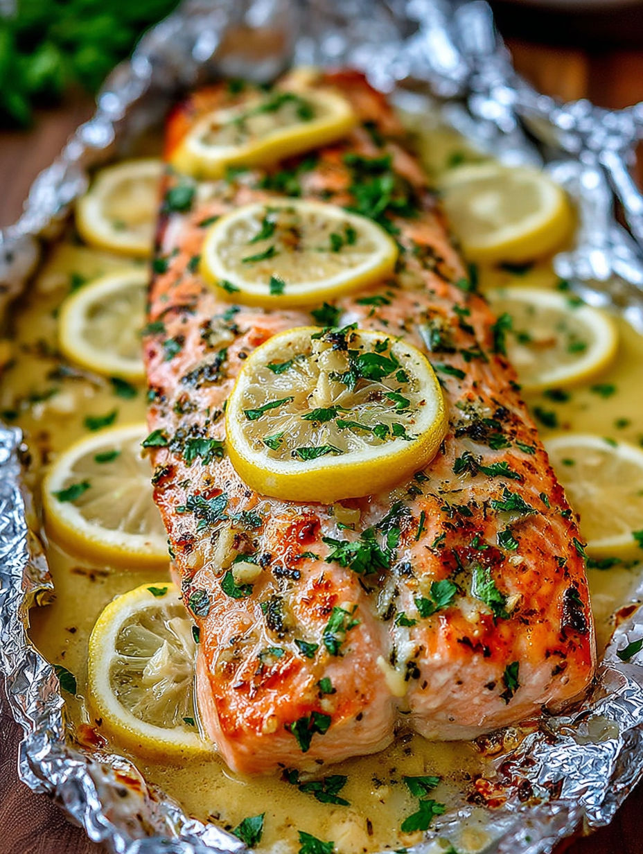A piece of fish with lemon slices on top.
