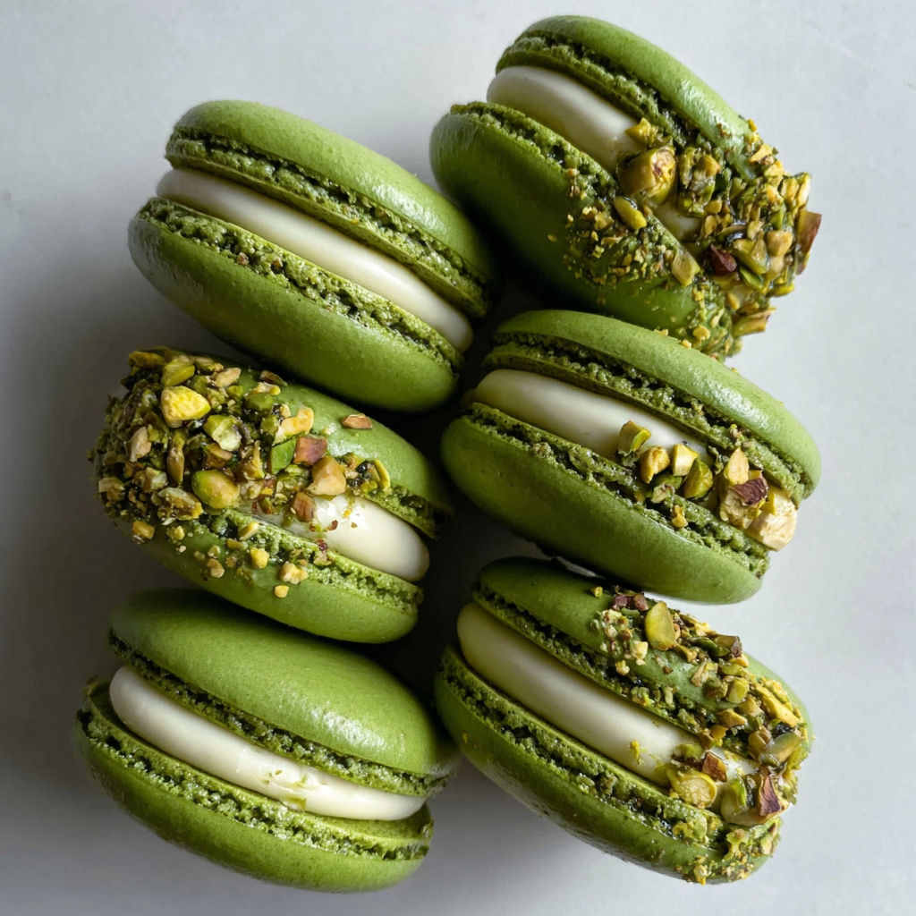 A stack of green macarons with pistachio toppings.