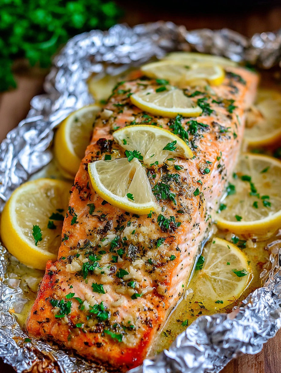A piece of salmon with lemon slices on top.