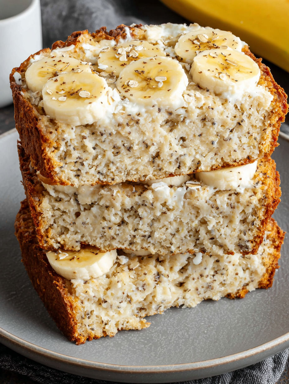 A stack of banana bread with bananas on top.