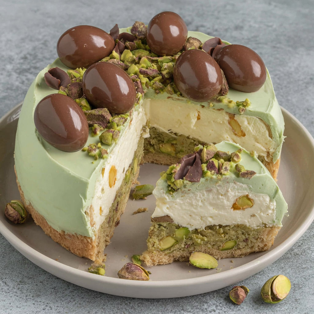 A slice of pistachio easter egg cheesecake.