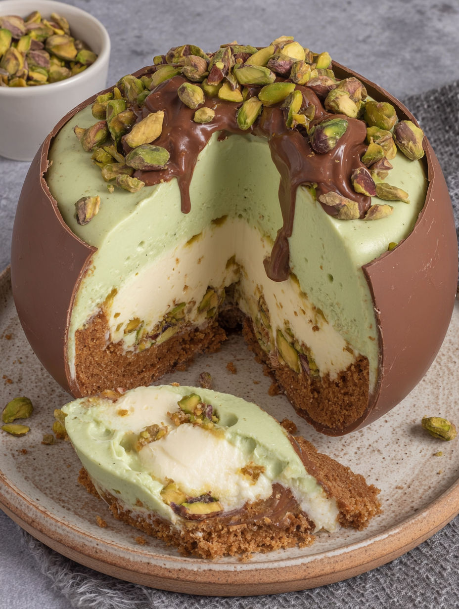 A slice of pistachio cheesecake with chocolate drizzled on top.