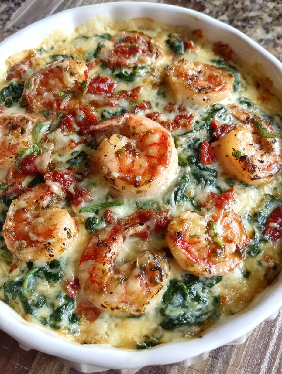 A delicious looking seafood dish with shrimp and spinach.