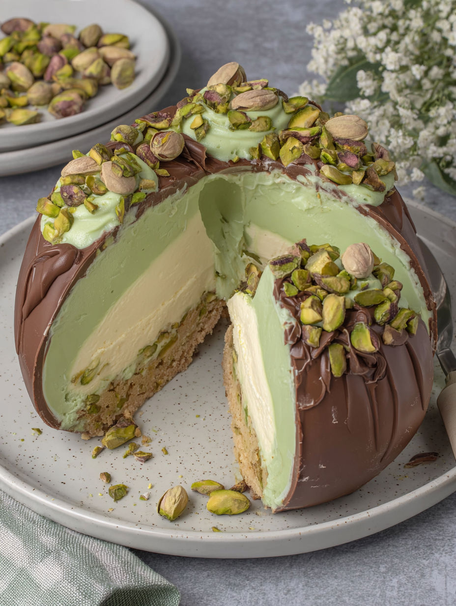 A slice of pistachio cheesecake.