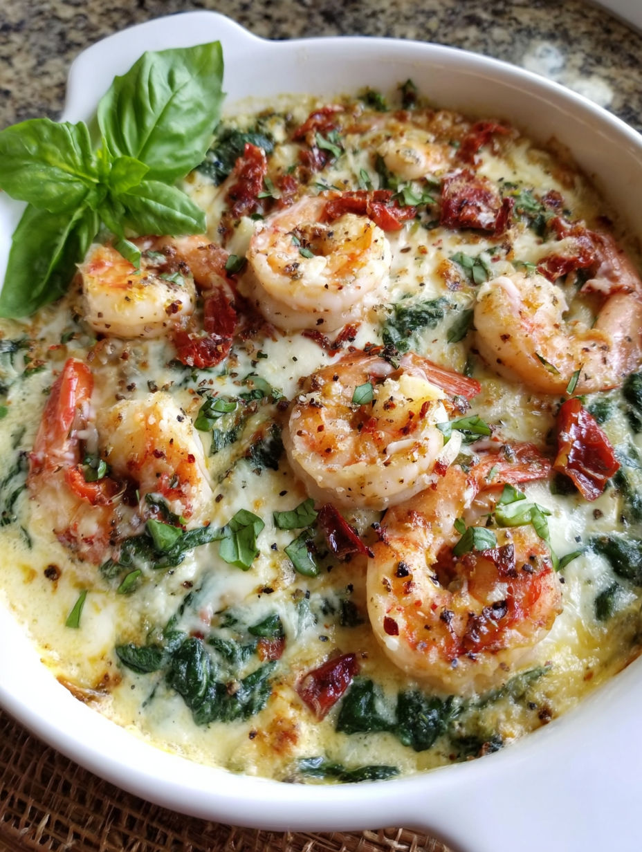A bowl of shrimp and spinach bake.