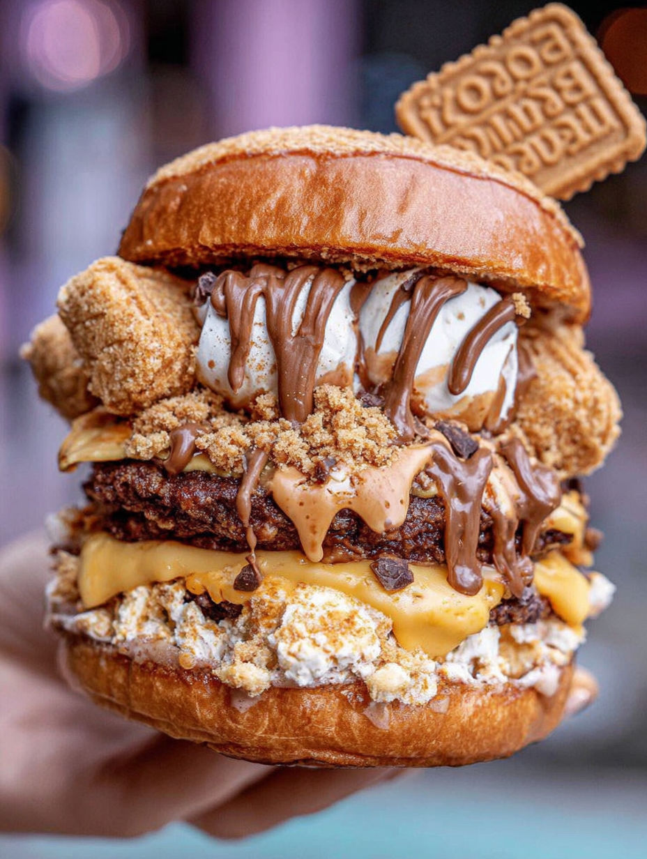 A burger with a cookie on top.